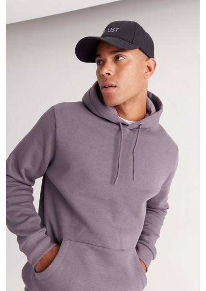 Erkek Koyu Gri Standart Fit Içi Polarlı 3 Iplik Kapüşonlu Kanguru Cepli Pamuklu Sweatshirt