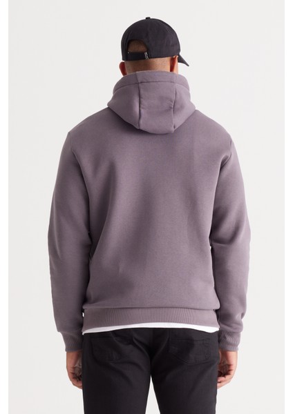 Erkek Koyu Gri Standart Fit Içi Polarlı 3 Iplik Kapüşonlu Kanguru Cepli Pamuklu Sweatshirt