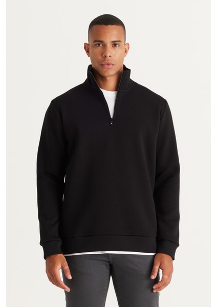 Erkek Siyah Standart Fit Normal Kesim Içi Polarlı Dik Bato Yaka Pamuklu Sweatshirt fiyatları