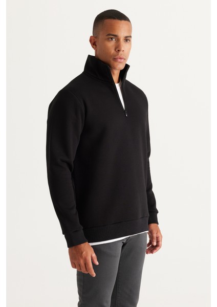 Erkek Siyah Standart Fit Normal Kesim Içi Polarlı Dik Bato Yaka Pamuklu Sweatshirt indirimleri