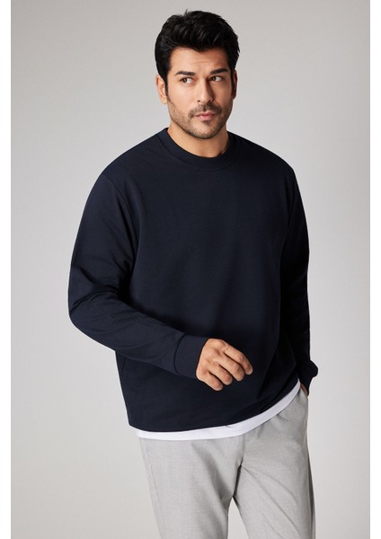 Erkek Lacivert Standart Fit Normal Kesim 2 İplik Recycle Pamuklu Bisiklet Yaka Sweatshirt