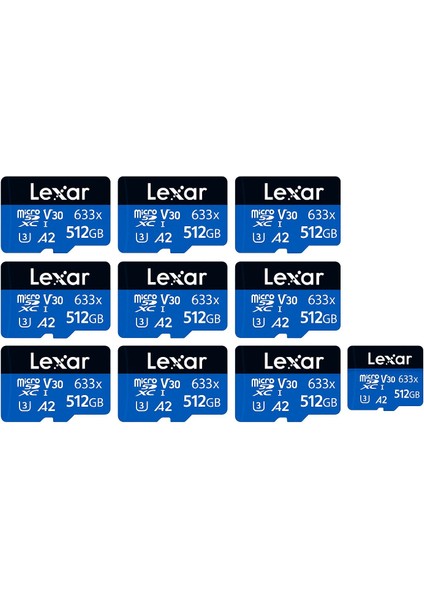 10'lu Pakaet 633X 512GB 100MB-70MB/S Microsdxc Uhs-1 Class 10 A2 V30 U3 Hafıza Kartı (LSDMI512BB633A)