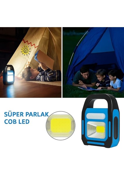 Işıldak Fener | Güneş Enerjili ve USB Şarjlı Kamp Lambası | LED Kamp Feneri El Feneri | Taşınabilir 3 Fonksiyonlu Işık | 300 Lümen 6500K Beyaz Işık | IP44 | Mavi Renk Noas (G Energy) modelleri