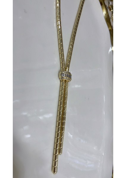 Lüks Tasarım Baget Taşlı Altın Rengi Lariat Kolye (Kravat Modeli) fiyatları