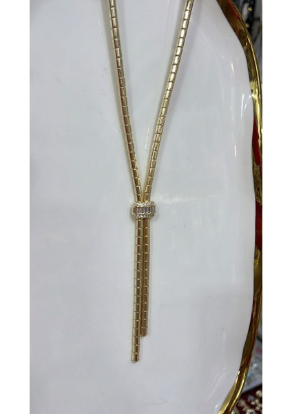 Lüks Tasarım Baget Taşlı Altın Rengi Lariat Kolye (Kravat Modeli) fırsatları