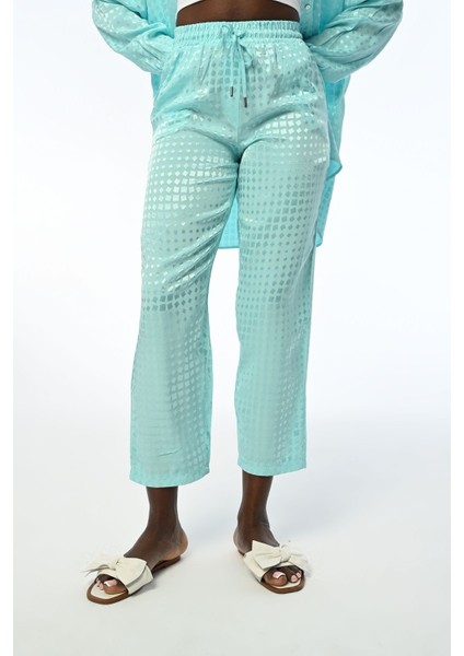 Kadın Rahat Kalıp Beli Lastikli Bol Paça Desenli Mint Renk Pantolon