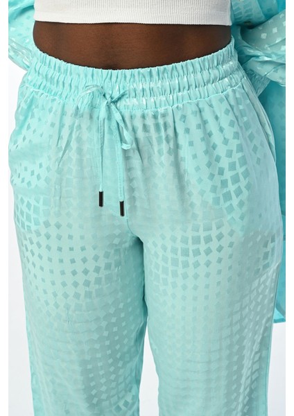 Kadın Rahat Kalıp Beli Lastikli Bol Paça Desenli Mint Renk Pantolon modelleri