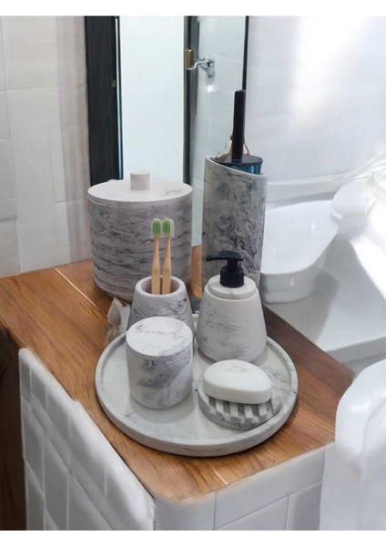 Mermer Desen Beton Banyo Seti,tuvalet Fırçası,çöp Kovası,katı,sıvı Sabunluk,tepsi,pamukluk