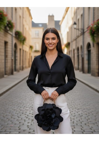 Siyah Kumaş Gold Metal Saplı Gül Çiçek Çanta El Çantası Abiye Günlük Şık Kadın Çantası fiyatları