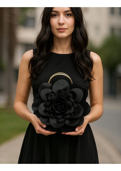 Siyah Kumaş Gold Metal Saplı Gül Çiçek Çanta El Çantası Abiye Günlük Şık Kadın Çantası modelleri