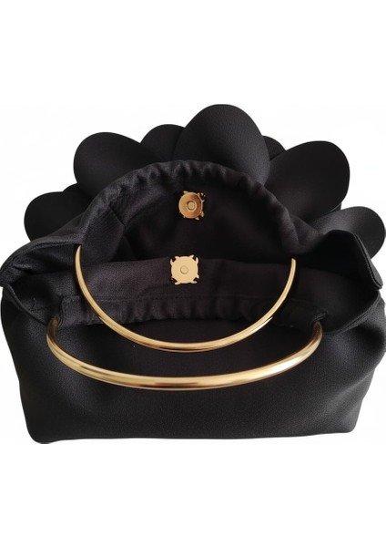 Siyah Kumaş Gold Metal Saplı Gül Çiçek Çanta El Çantası Abiye Günlük Şık Kadın Çantası indirimleri