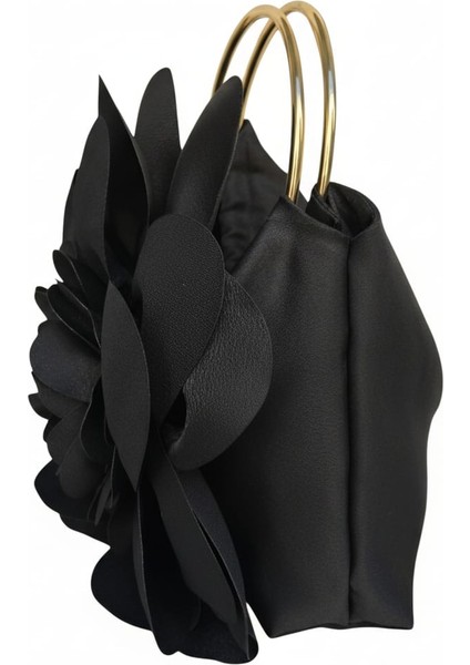 Siyah Kumaş Gold Metal Saplı Gül Çiçek Çanta El Çantası Abiye Günlük Şık Kadın Çantası