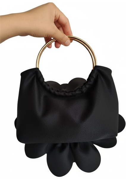 Siyah Kumaş Gold Metal Saplı Gül Çiçek Çanta El Çantası Abiye Günlük Şık Kadın Çantası