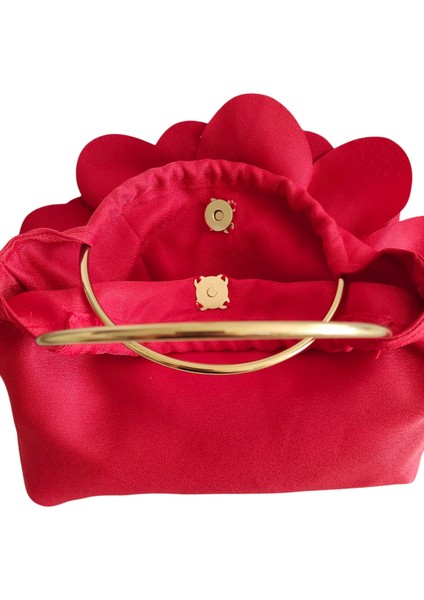 Kırmızı Kumaş Gold Metal Saplı Gül Çiçek Çanta El Çantası Abiye Günlük Şık Kadın Çantası fırsatları