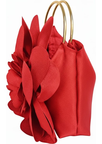Kırmızı Kumaş Gold Metal Saplı Gül Çiçek Çanta El Çantası Abiye Günlük Şık Kadın Çantası indirimleri