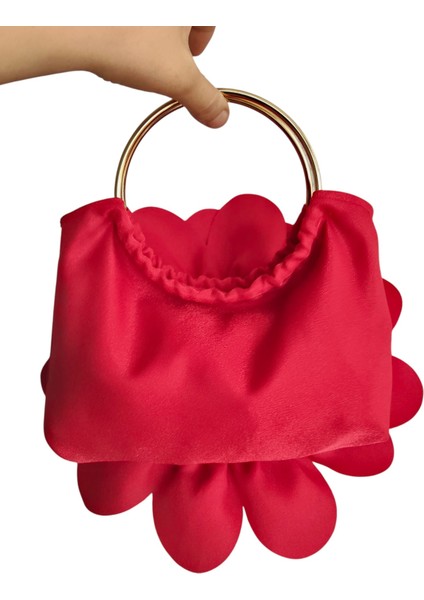 Kırmızı Kumaş Gold Metal Saplı Gül Çiçek Çanta El Çantası Abiye Günlük Şık Kadın Çantası