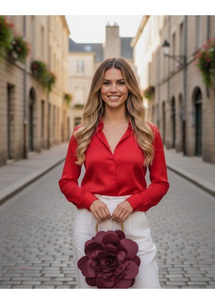 Bordo Kumaş Gold Metal Saplı Gül Çiçek Çanta El Çantası Abiye Günlük Şık Kadın Çantası