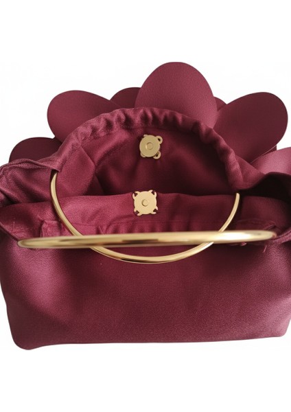 Bordo Kumaş Gold Metal Saplı Gül Çiçek Çanta El Çantası Abiye Günlük Şık Kadın Çantası fırsatları