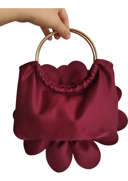 Bordo Kumaş Gold Metal Saplı Gül Çiçek Çanta El Çantası Abiye Günlük Şık Kadın Çantası