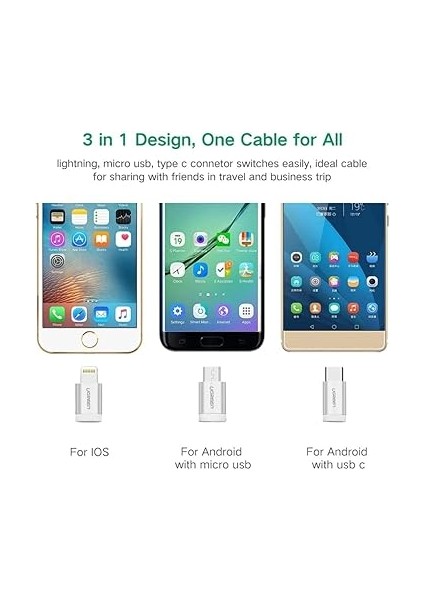 3'ü 1 Arada Ios Lightning Type-C Micro USB Şarj ve Data Kablosu Gümüş 1 Metre indirimleri