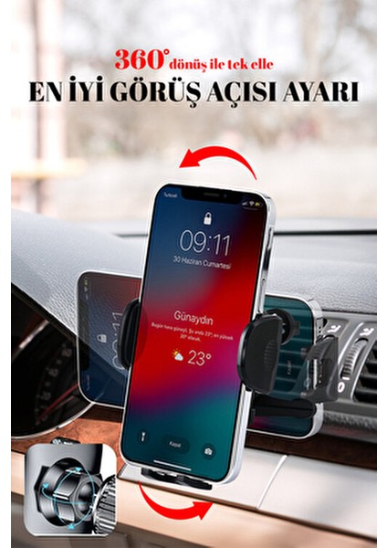 Araç İçi Telefon Tutucu 360° Döner Başlık ile Metal Klipsli Güçlü Tutuş