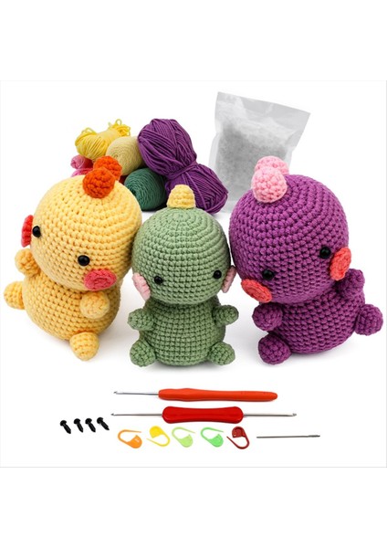 3pcs Dıy Tığ Işi Dinozor Kiti El Örgü Iplik Iğneleri Peluş Bebek Kolay (Sarı, Yeşil, Mor) (Yurt Dışından)