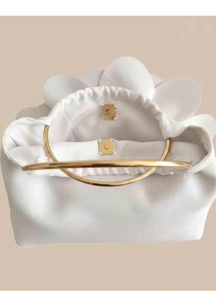 Beyaz Kumaş Gold Metal Saplı Gül Çiçek Çanta El Çantası Abiye Günlük Şık Kadın Çantası fırsatları