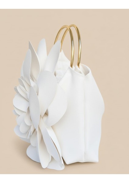 Beyaz Kumaş Gold Metal Saplı Gül Çiçek Çanta El Çantası Abiye Günlük Şık Kadın Çantası indirimleri