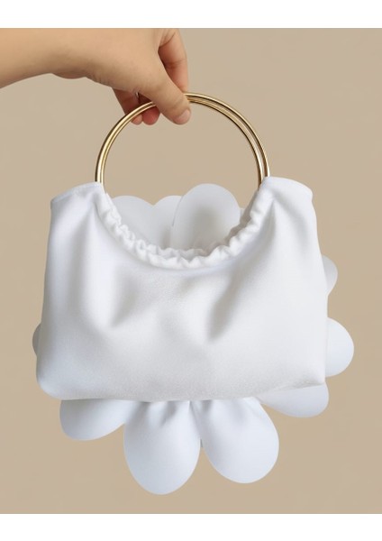 Beyaz Kumaş Gold Metal Saplı Gül Çiçek Çanta El Çantası Abiye Günlük Şık Kadın Çantası