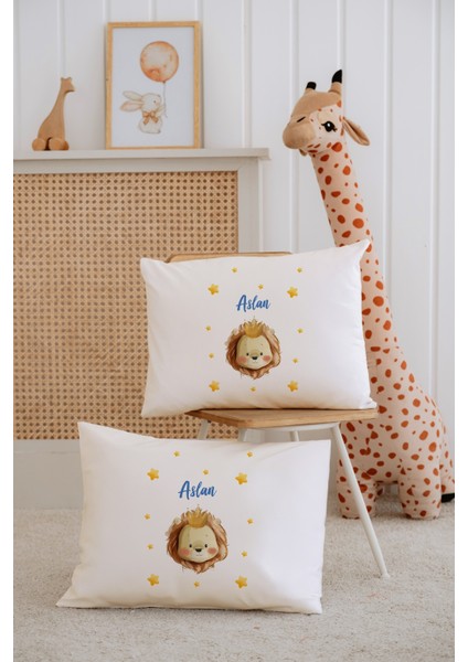 %100 Pamuk Isme Özel 2li Ekru Bebek Yastık Kılıfı 35X45 Cm-Aslan