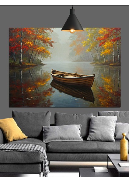 Sonbahar Gölü Tekne Manzarası Dekoratif Kanvas - Mdf Ahşap Tablo