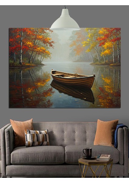 Sonbahar Gölü Tekne Manzarası Dekoratif Kanvas - Mdf Ahşap Tablo fiyatları