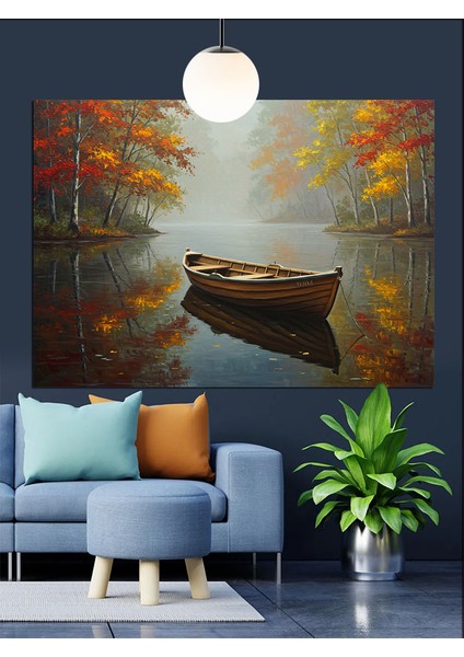 Sonbahar Gölü Tekne Manzarası Dekoratif Kanvas - Mdf Ahşap Tablo fırsatları