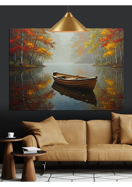 Sonbahar Gölü Tekne Manzarası Dekoratif Kanvas - Mdf Ahşap Tablo indirimleri