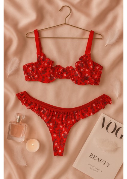 Kırmızı Çiçek Desenli Fırfırlı Tül Sütyen Külot Takımı