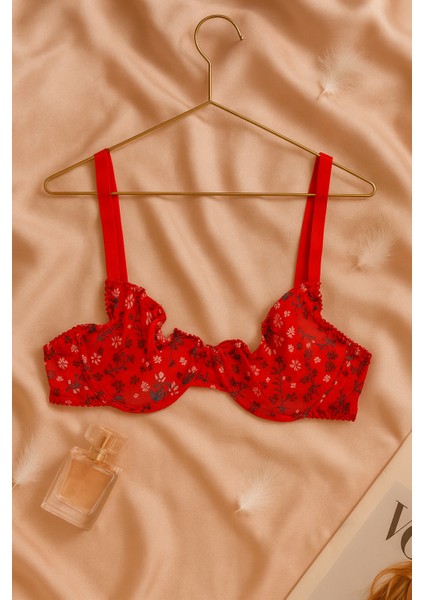 Kırmızı Çiçek Desenli Fırfırlı Tül Sütyen Külot Takımı fiyatları