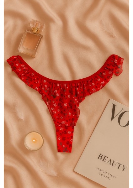 Kırmızı Çiçek Desenli Fırfırlı Tül Sütyen Külot Takımı modelleri