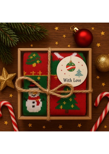 Asetat Kutulu Yılbaşı Hediyesi-Şık Ambalajında Renkli Kış Çorabı