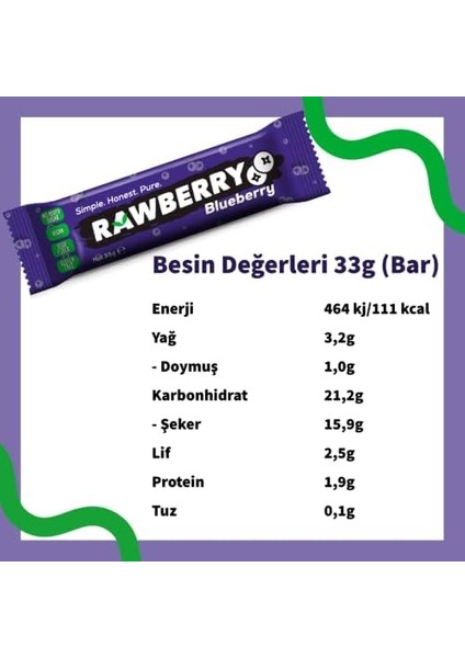 Rawberry Blueberry Şeker Ilavesiz Vegan Glütensiz Kuruyemiş Bar (Kutuda 15 Adet)