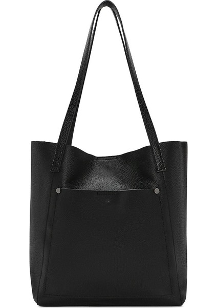 %100 Hakiki Deri Ön Cepli Shopper Kadın El ve Omuz Çantası