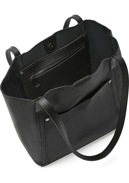 %100 Hakiki Deri Ön Cepli Shopper Kadın El ve Omuz Çantası