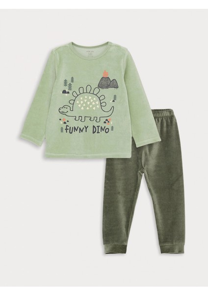 Lcw Baby Yeşil Bisiklet Yaka Uzun Kollu Baskılı Kadife Erkek Bebek Pijama Takımı