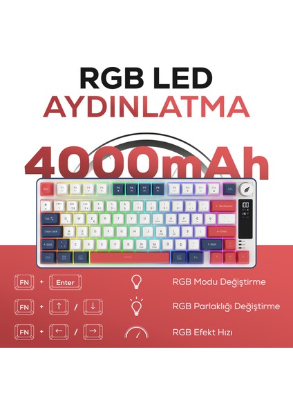 HK255 Membrane LCD Rgb Kablosuz/bluetooth Mavi Kırmızı %75 Türkçe Gaming Klavye fiyatları