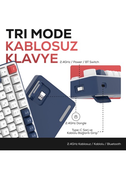 HK255 Membrane LCD Rgb Kablosuz/bluetooth Mavi Kırmızı %75 Türkçe Gaming Klavye modelleri