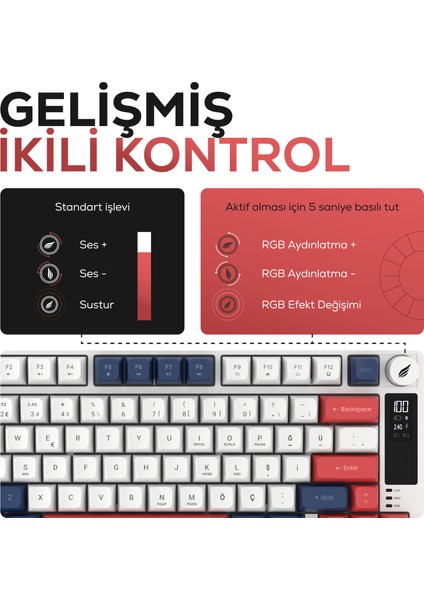 HK255 Membrane LCD Rgb Kablosuz/bluetooth Mavi Kırmızı %75 Türkçe Gaming Klavye fırsatları