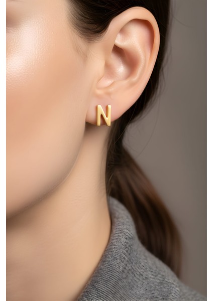 N Harfi 18 Ayar Sarı Altın Kaplama Gümüş Tek Küpe fiyatları