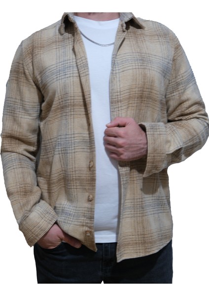 Erkek Oduncu Gömlek Uzun Kol Bej Ekose Desen