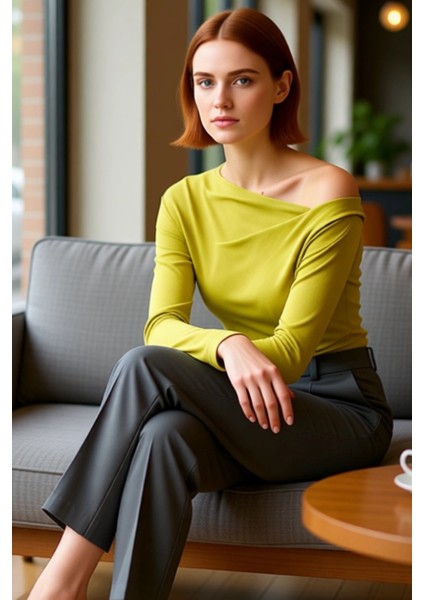 Kadın Asimetrik Yaka Büzgülü Vücuda Oturan Uzun Kollu Örme Kaliteli Şık Rahat Modern Zarif fiyatları