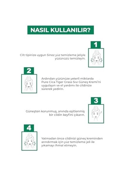 Sinoz Pure Cica Tiger Grass Anında Ton Eşitleyici Onarıcı Nemlendirici SPF50 Sıvı Yüz Güneş Kremi