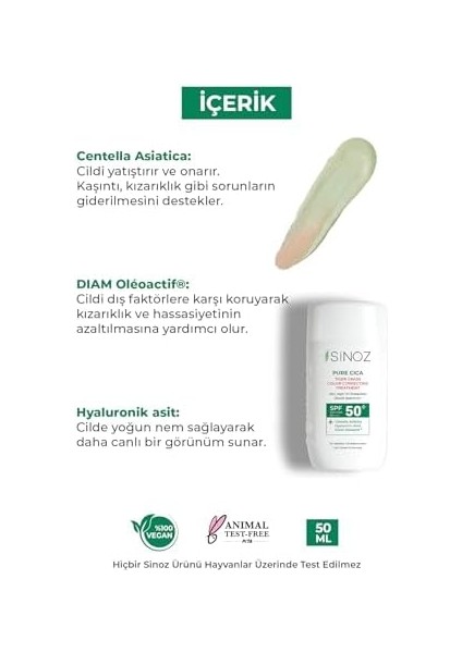 Sinoz Pure Cica Tiger Grass Anında Ton Eşitleyici Onarıcı Nemlendirici SPF50 Sıvı Yüz Güneş Kremi modelleri